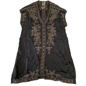 Johnny Was Dark Gray, Embroidered, V-Neck, Sleeveless Tunic Top- XS